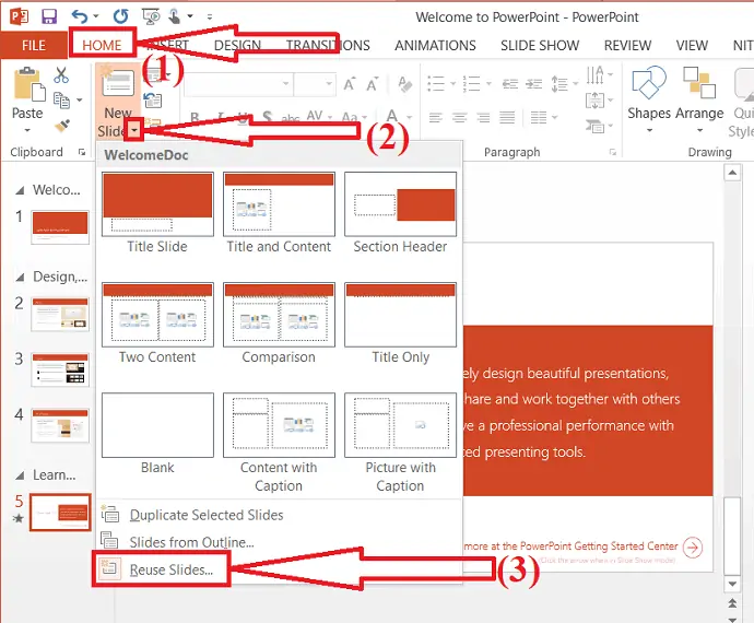 pilihan opsi penggunaan kembali slide