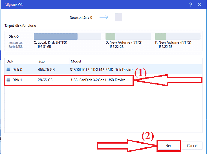 Pilih disk target