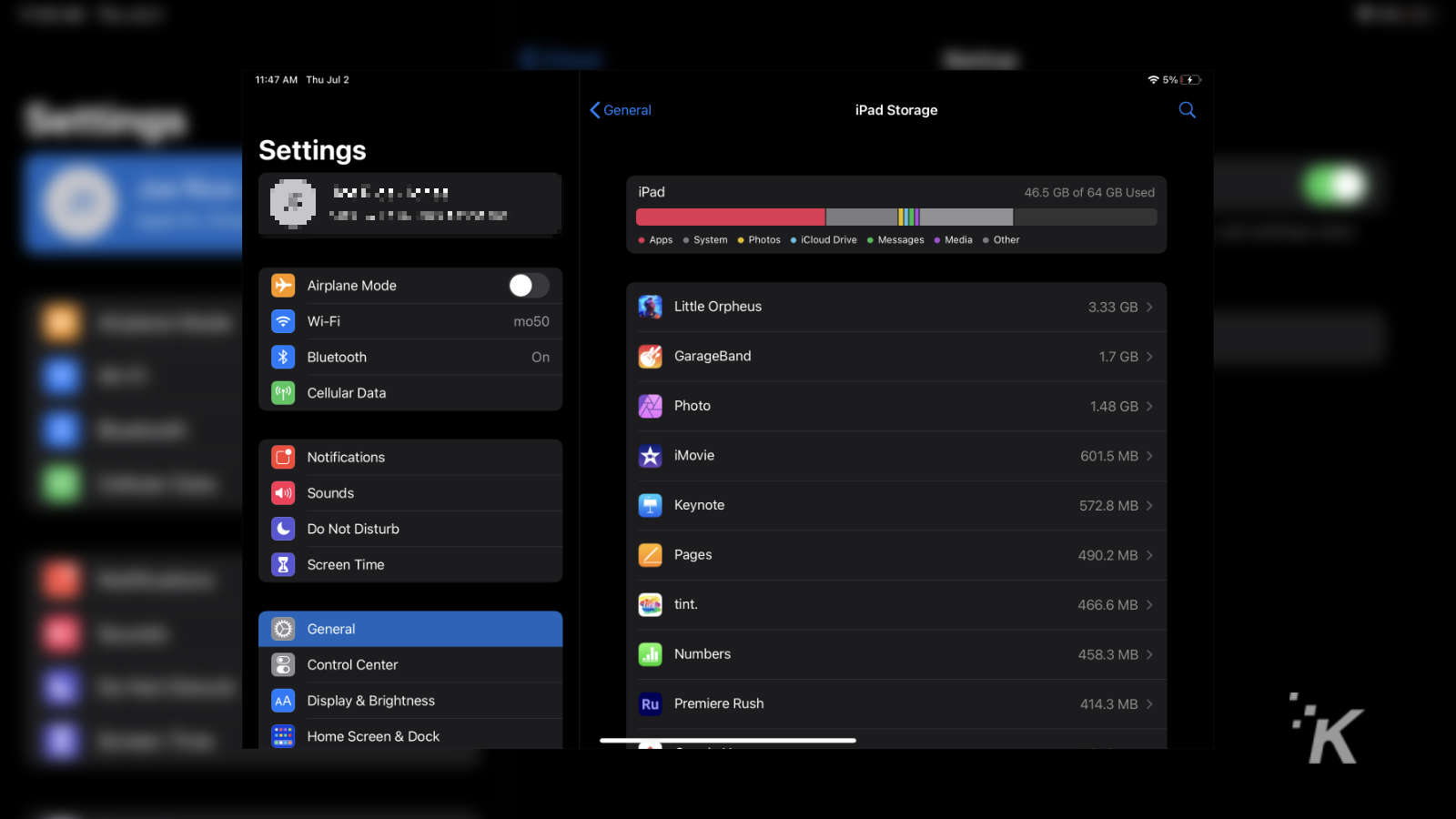 menu des paramètres de stockage de l'ipad