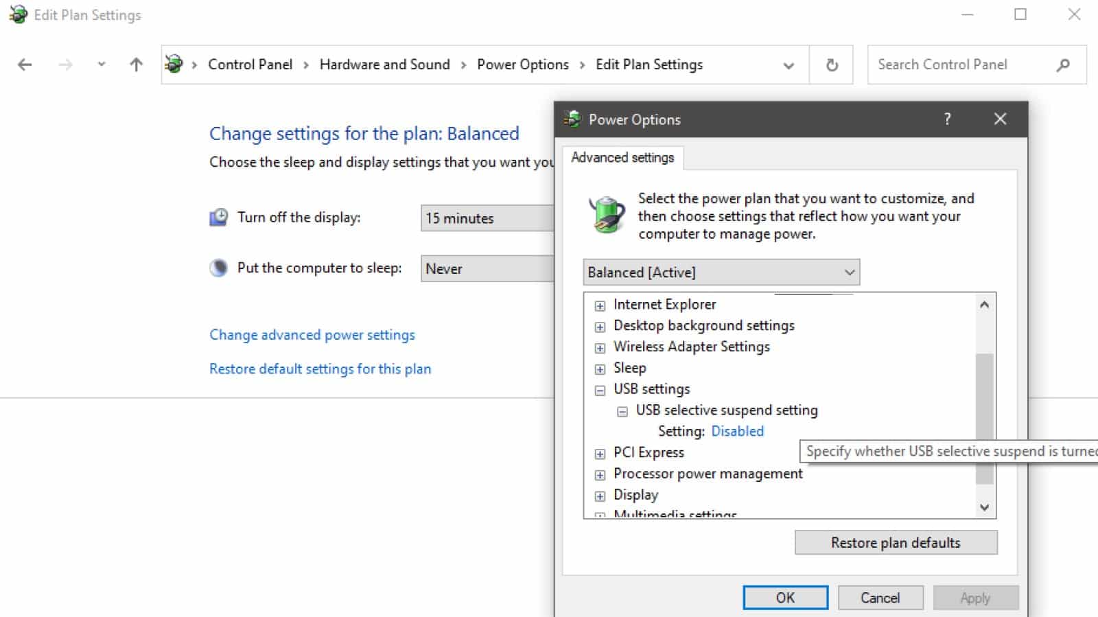 Windows 전원 계획 설정에서 USB 선택적 선택 설정