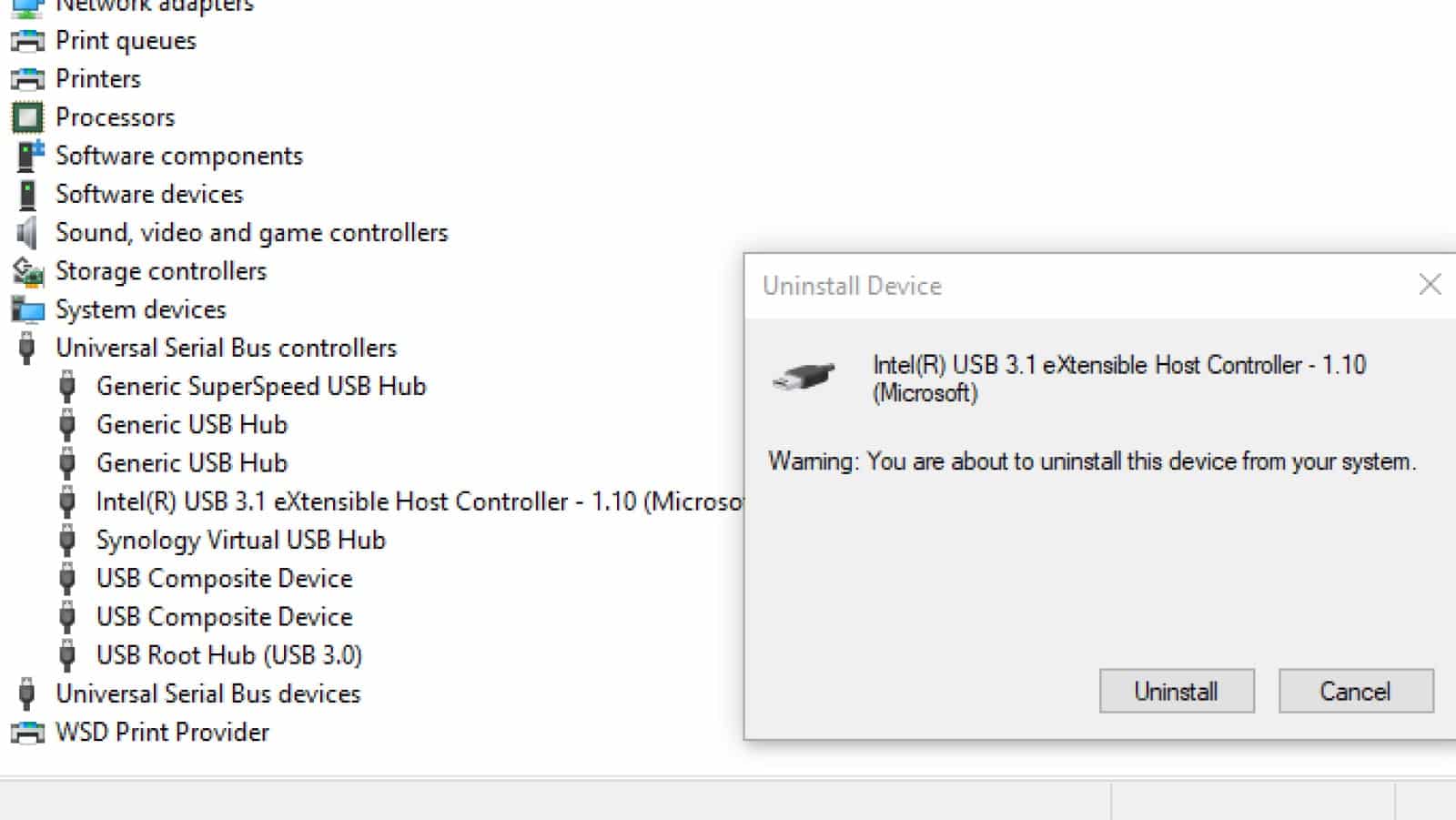 Administrador de dispositivos de Windows 10 que muestra la desinstalación del controlador de host USB