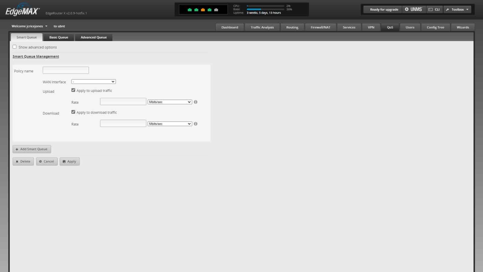 อินเทอร์เฟซผู้ดูแลระบบ ubiquiti edgerouter แสดงคุณภาพของตัวเลือกบริการ