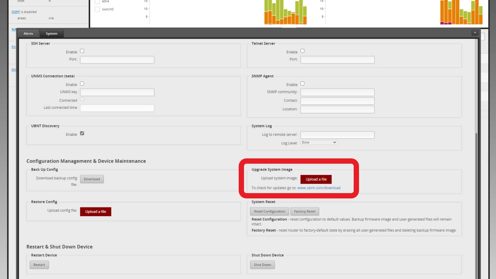 panel admin router dari ubiquiti edgerouter x menunjukkan opsi peningkatan firmware