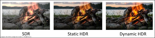 exemplos de SDR, HDR estático e conteúdo HDR dinâmico