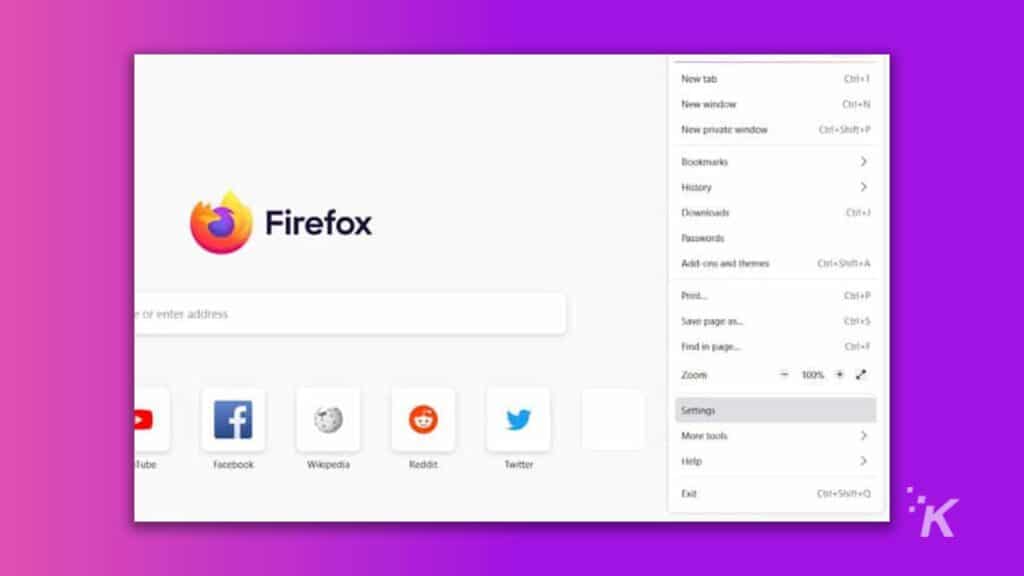 menu delle impostazioni di Firefox