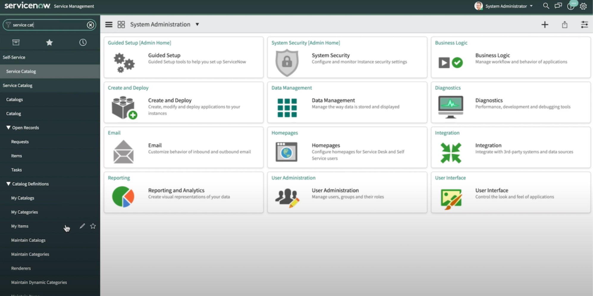 Dashboard di amministrazione di ServiceNow