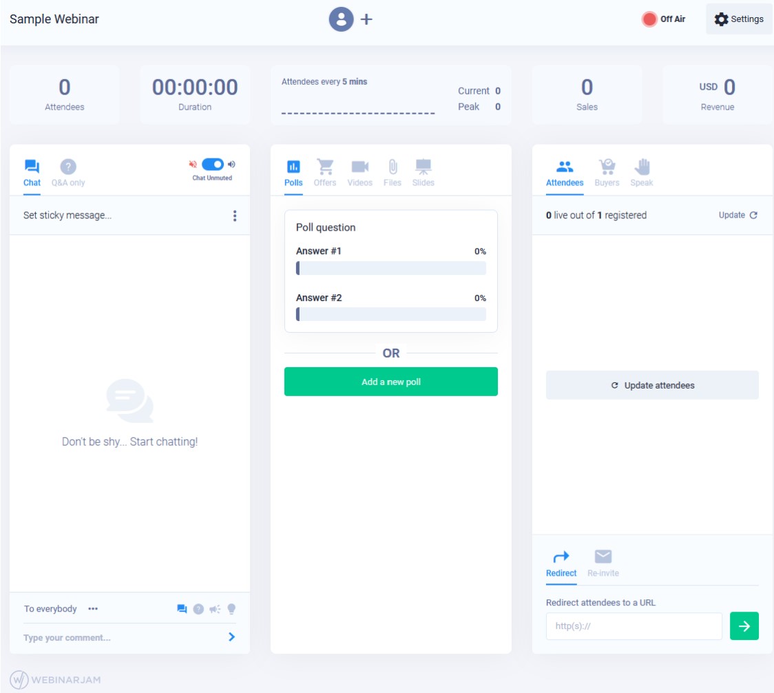 Painel de controle do WebinarJam