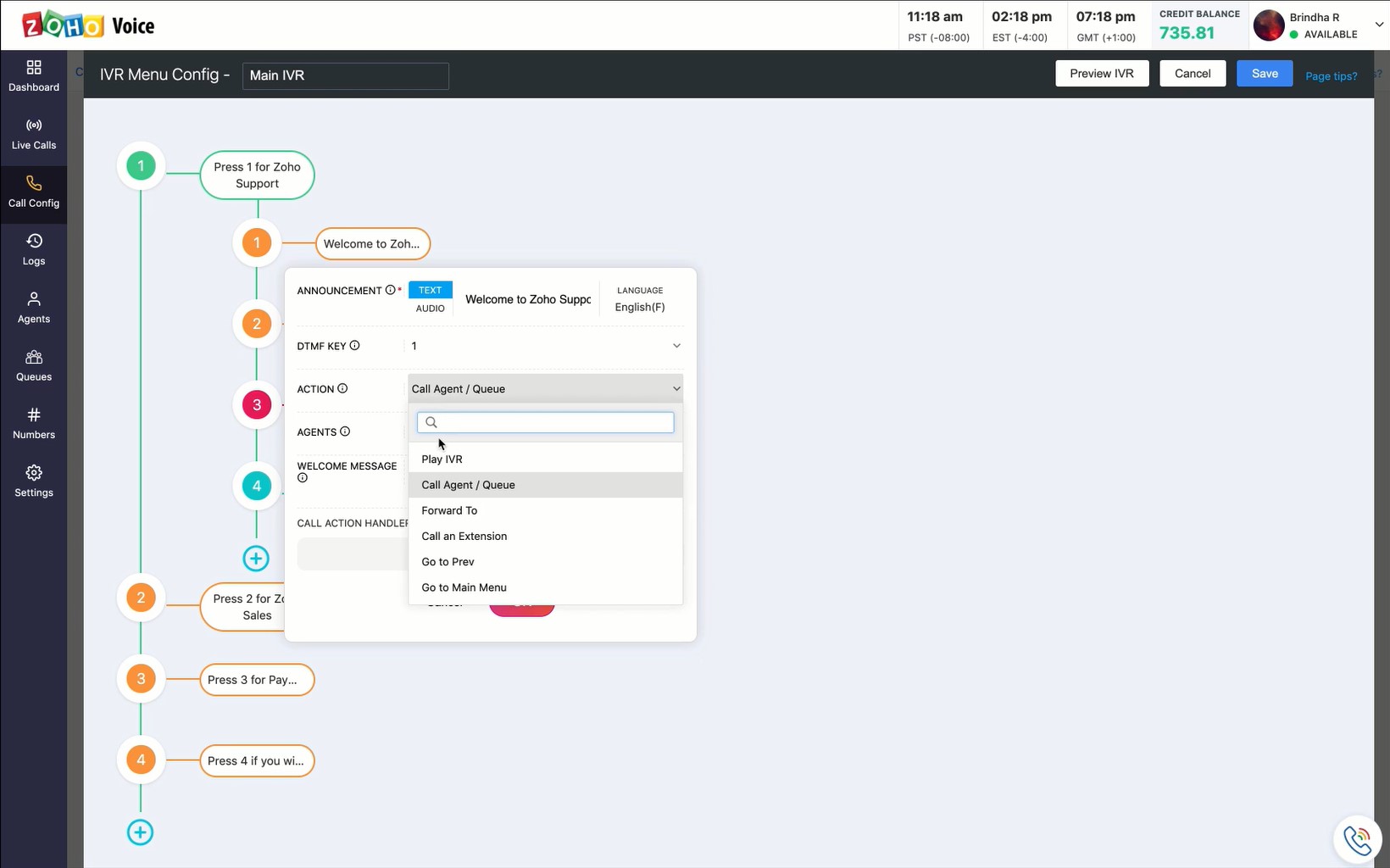 Arborescence des appels IVR avec détails