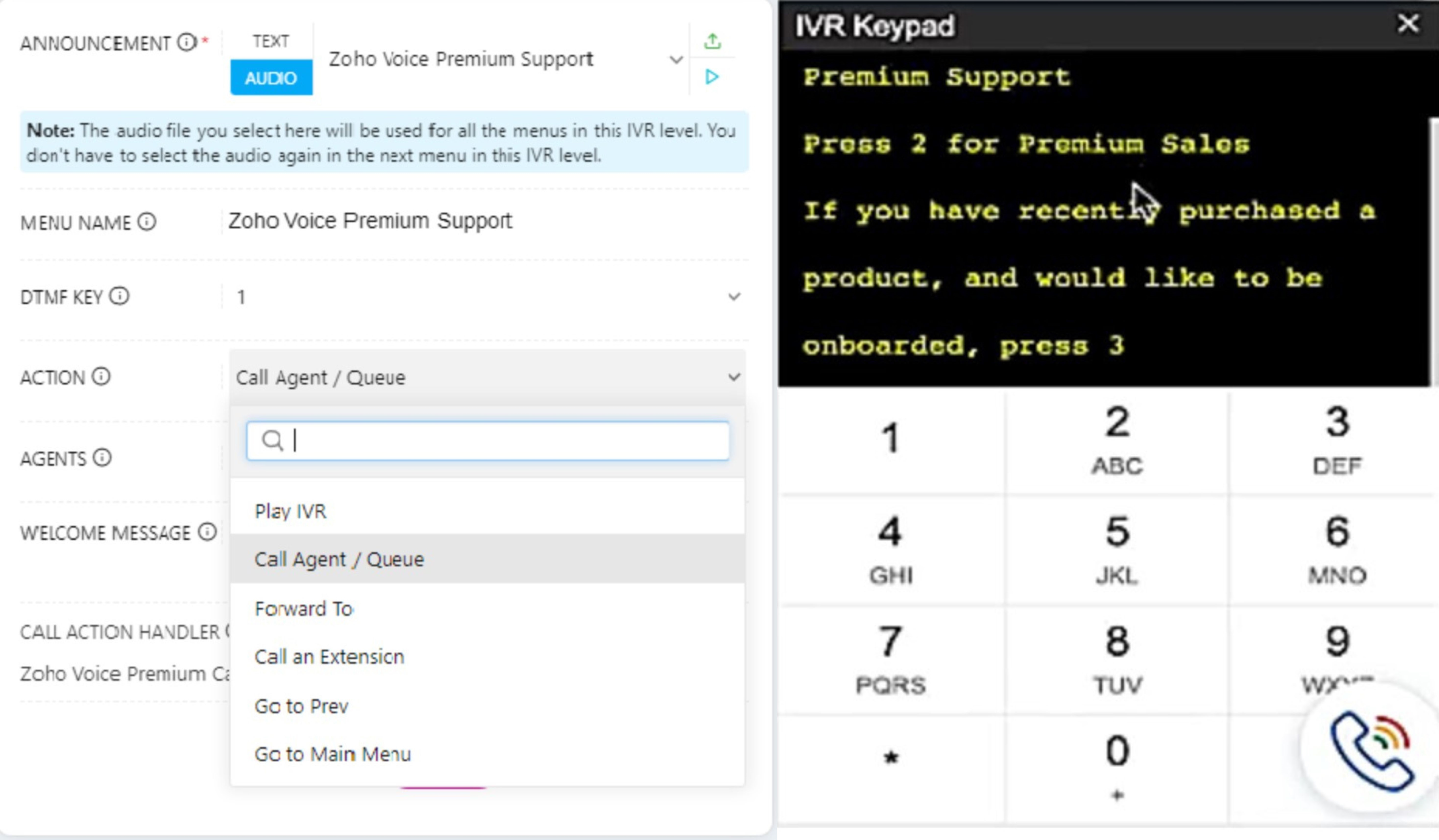 IVR オプションとプレビュー