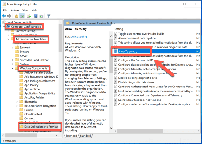 Change the telemetry settings