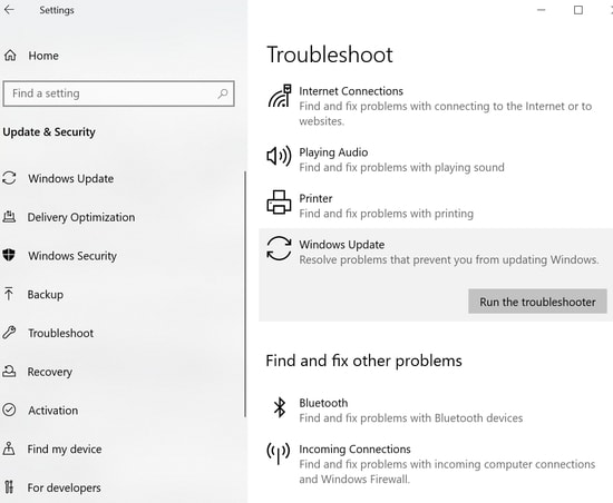 Run The Troubleshooter option of Windows update