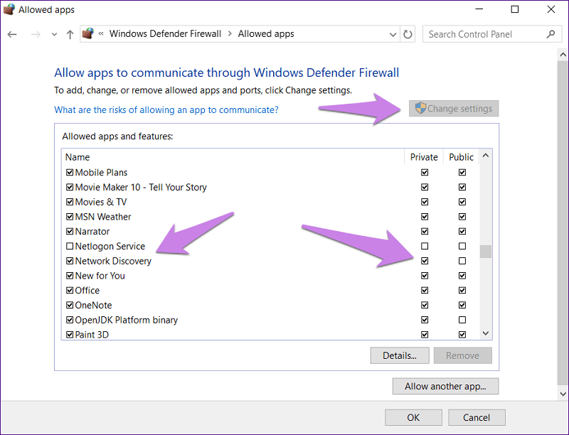 find Network discovery in allowed apps of Windows defender firewall