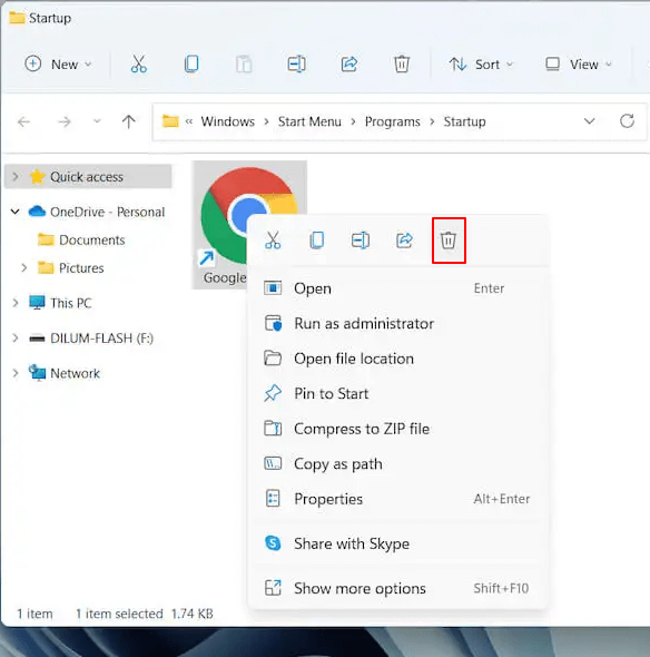 Google Chrome trash button