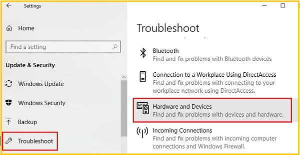 Hardware and Devices on the right pane