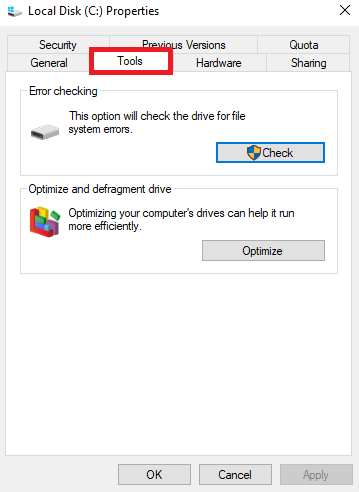 Local disk c properties - Tools subtab