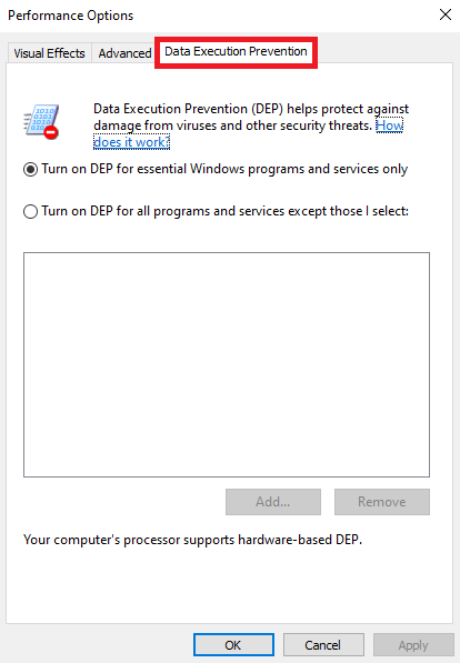 Data Execution Prevention tab