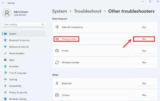 Playing Audio and click on the Run - Windows 11