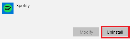 the Spotify app in the list and click on the Uninstall