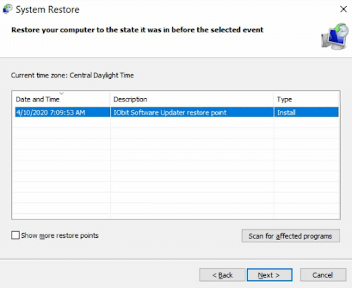 choose the recently created restore point