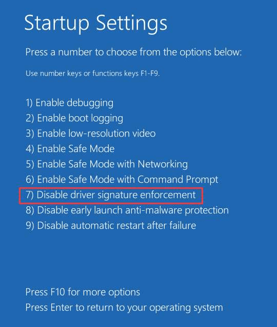 Disable driver signature enforcement