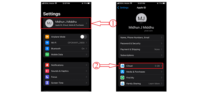 Opción iCloud en Configuración