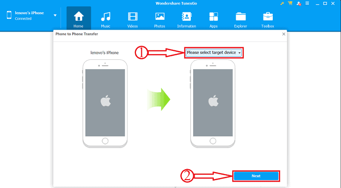 Seleziona Target iPhone in TunesGO