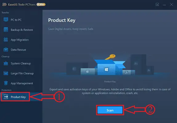 Escolha a opção de chave do produto no EaseUS Todo PCTrans