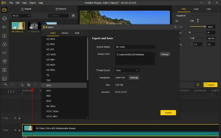 Opciones de exportación en TunesKit AceMovi Video Editor