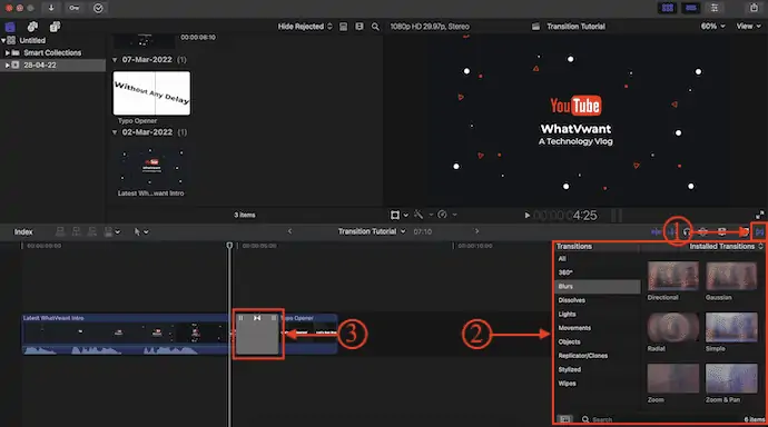 เพิ่มการเปลี่ยนภาพใน Final Cut Pro