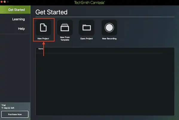 Camtasia の新しいプロジェクト