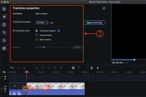 Propriedades de transição no Movavi Video Suite