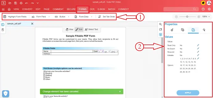 Modifications dans SodaPDF