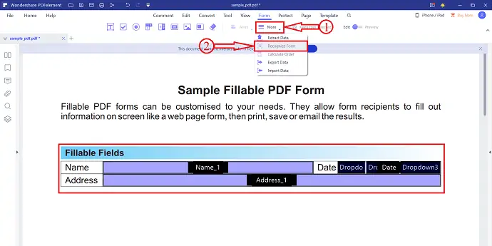 Riconosci l'opzione Modulo in Wondershare PDFelement