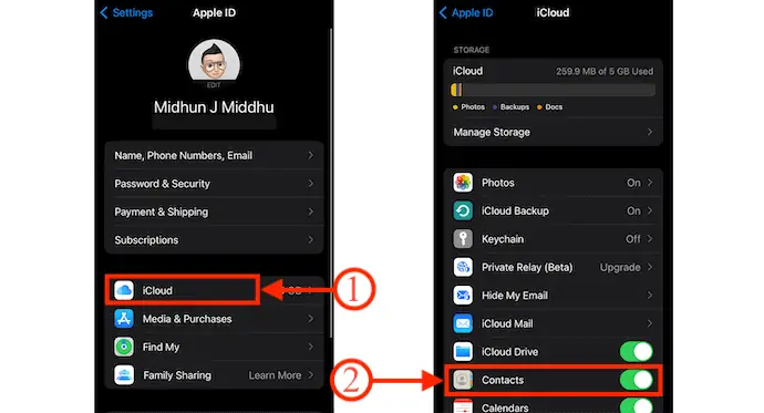 Opção de contatos do iCloud