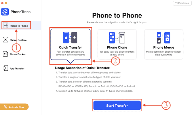 PhoneTrans - Schnellübertragungsoption