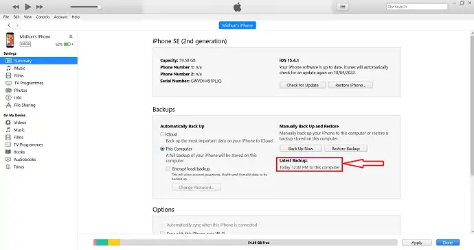 Sauvegarde réussie du message sur iTunes