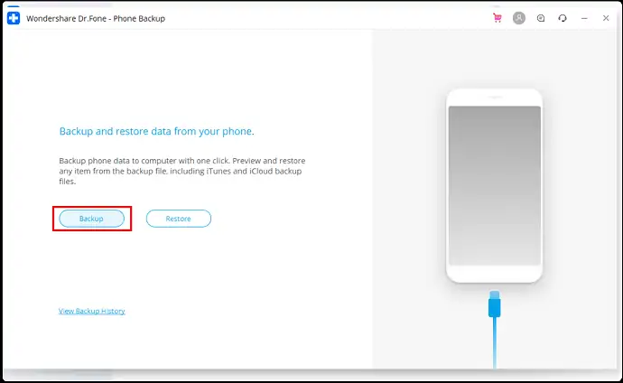 Opzione di backup in Wondershare Dr.Fone