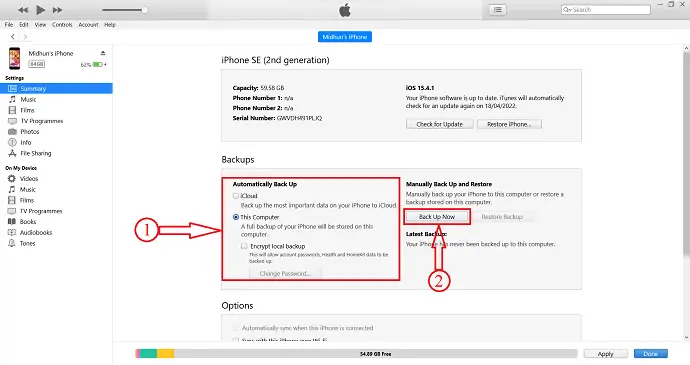 Opțiuni de backup pe iTunes