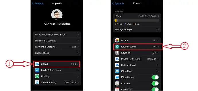 Opção de backup do iCloud