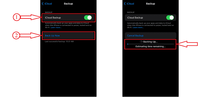 Opção Fazer backup agora e status de backup