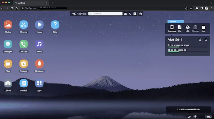 接続後の Airdroid インターフェイス