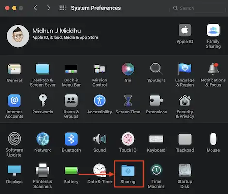 Opțiunea de partajare în Preferințele de sistem ale Mac