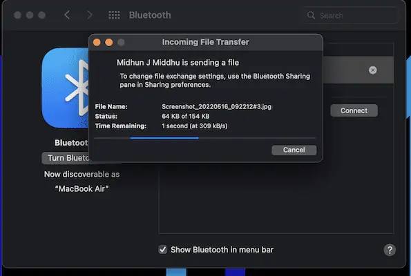 Status da transferência de arquivos Bluetooth