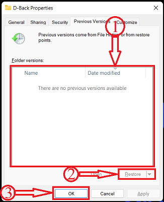 Fenêtre des versions précédentes