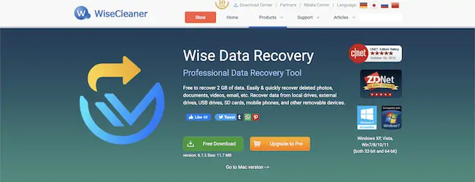 Page d'accueil de Wise Data Recovery