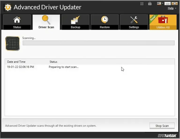 Systweak Advanced Driver Updater'da tarama işlemi