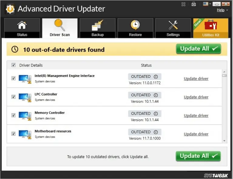 Resultados del análisis de Systweak Advanced Driver Updater