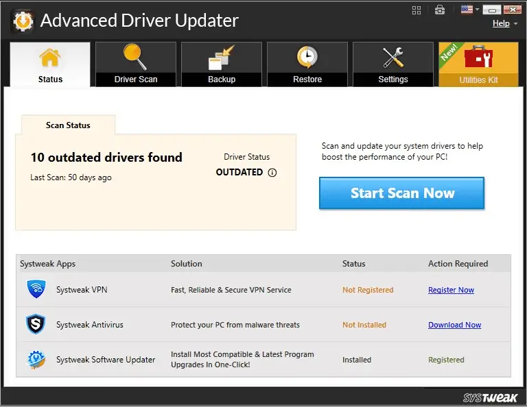 Домашняя страница Systweak Advanced Driver Updater