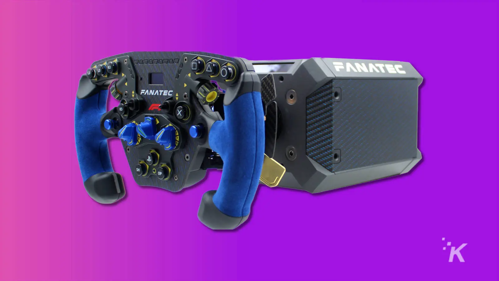 Volant de course fanatec podium sur fond violet