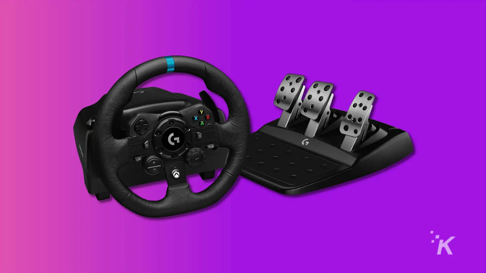 Logitech g923 sim volant et pédales de course sur fond violet